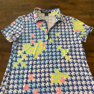Jamie Sadock Simplicite Large Short Sleeve 1/4 Zip Top Pink Yellow Blue Golf
